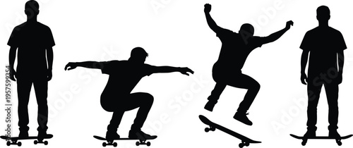 Collection of black skateboarder silhouettes featuring male skaters in various poses including standing riding jumping and performing mid air tricks on white background