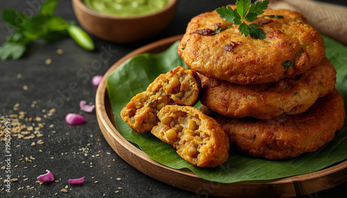 A plate of delicious Indian-style vegetable cutlets served on a banana leaf with a side of chutney