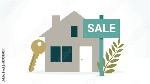 Real estate concept: house for sale with key and sign illustration