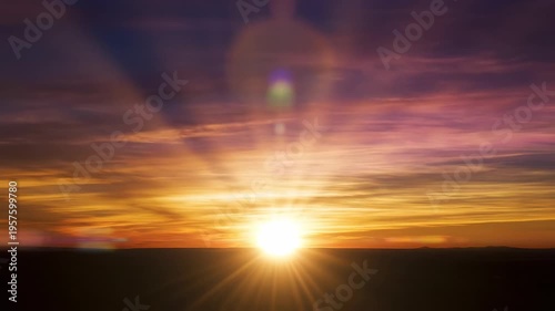 Golden Sunset Over Horizon with Dramatic Rays and Lens Flare