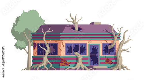 Dilapidated abandoned house with trees growing through it illustration