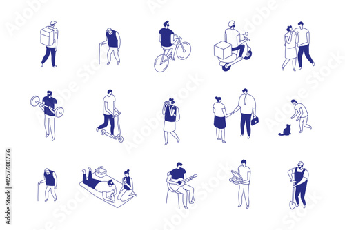 Isometric line people isolated collection showing daily urban life on white background. Minimal blue outline characters include delivery, running, family time, pets and casual city activities.