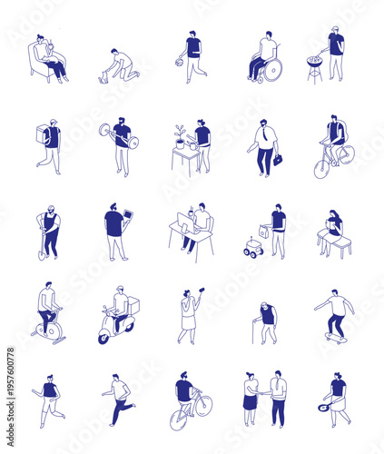 Isometric line people isolated set of characters in active everyday situations on white background. Minimal blue outline lifestyle bundle 