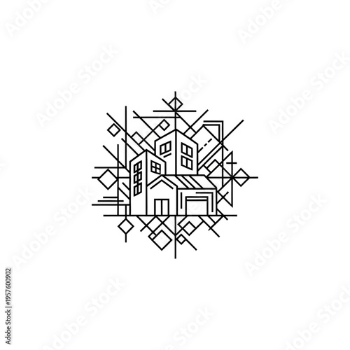 Modern house renovation logo with wrench and hammer tools, isolated white background.