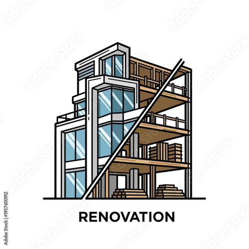 Modern house renovation logo with wrench and hammer tools, isolated white background.