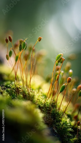 Close-Up of Vibrant Moss and Delicate Sporophytes in a Serene Forest Environment with Soft Bokeh Background