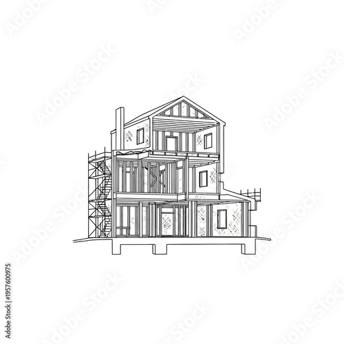 Modern house renovation logo with wrench and hammer tools, isolated white background.