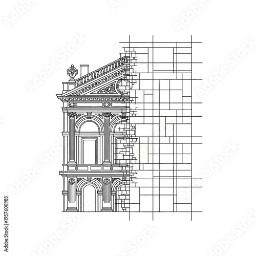 Modern house renovation logo with wrench and hammer tools, isolated white background.