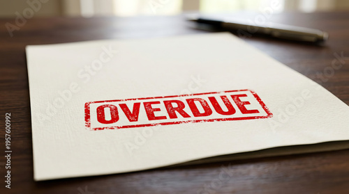 Wallpaper Mural Overdue stamp on white paper with pen on wooden table, symbolizing late payment or delayed financial document, conveying urgency and financial responsibility Torontodigital.ca