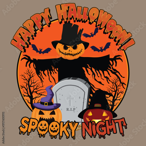 Halloween Night Scene with Haunted House, Bats, and Glowing Moon