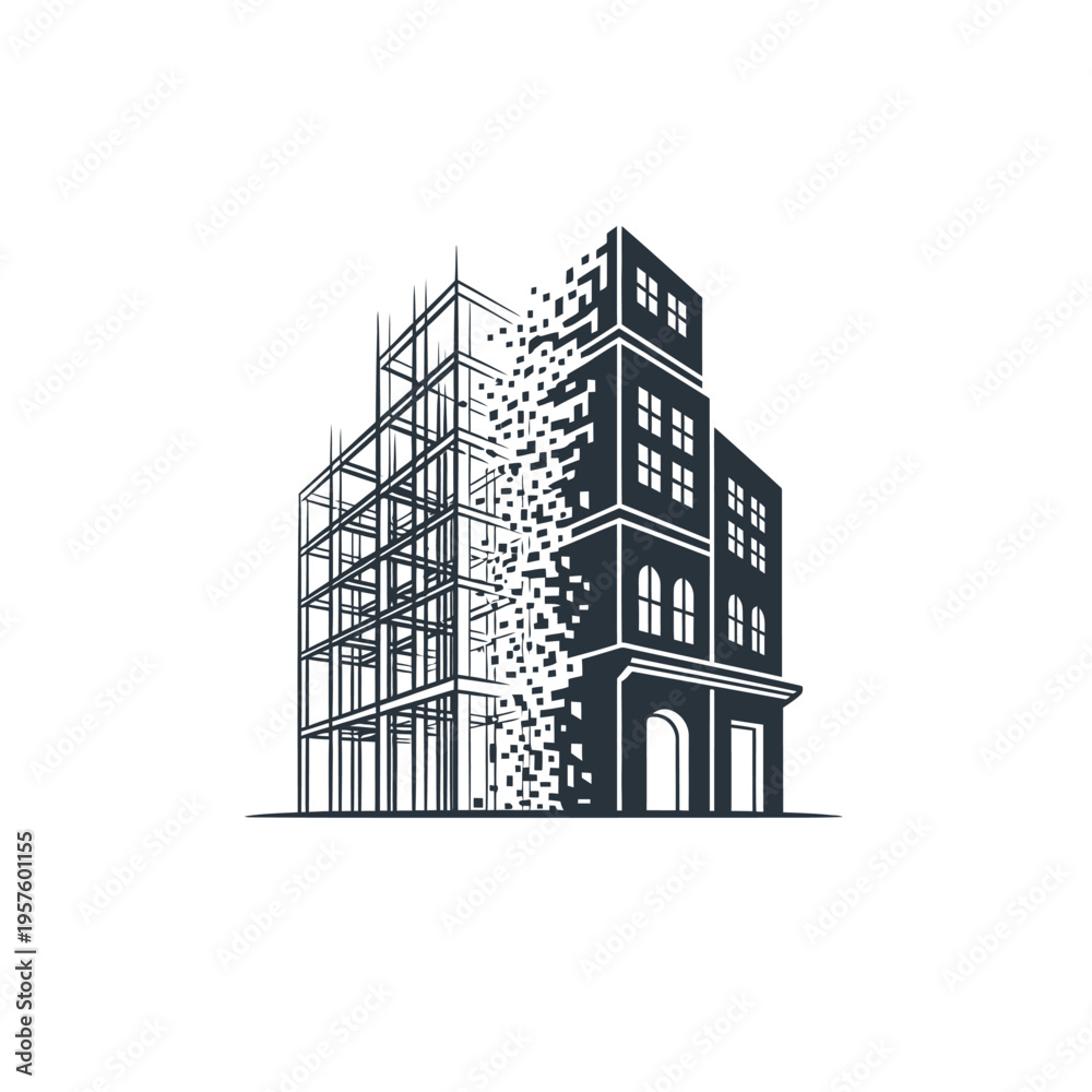 Fototapeta premium Modern house renovation logo with wrench and hammer tools, isolated white background.