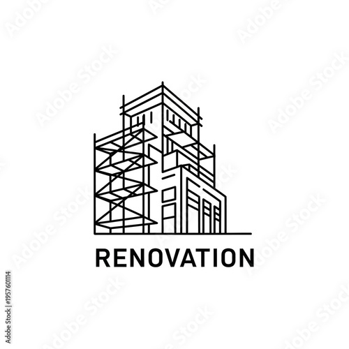 Modern house renovation logo with wrench and hammer tools, isolated white background.
