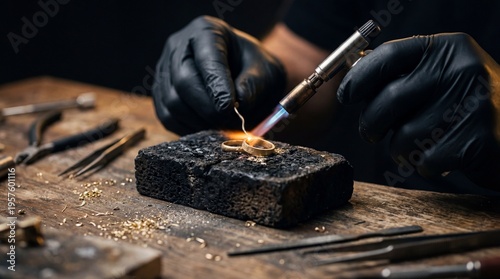 A skilled jeweler wearing black gloves carefully shapes a piece of jewelry with a blowtorch in a workshop.