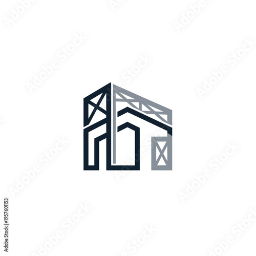 Modern house renovation logo with wrench and hammer tools, isolated white background.