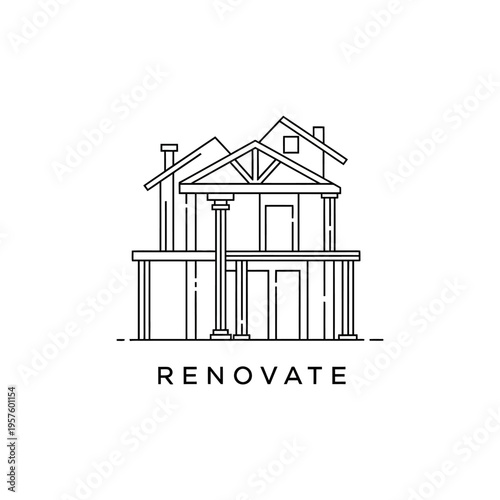 Modern house renovation logo with wrench and hammer tools, isolated white background.