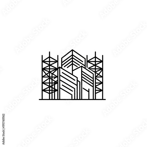 Modern house renovation logo with wrench and hammer tools, isolated white background.