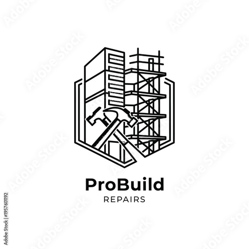 Modern house renovation logo with wrench and hammer tools, isolated white background.