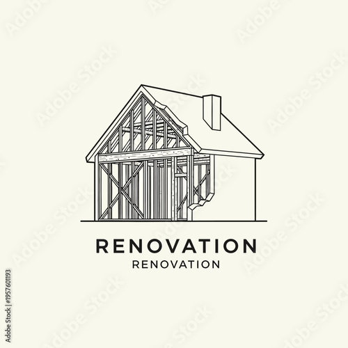 Modern house renovation logo with wrench and hammer tools, isolated white background.