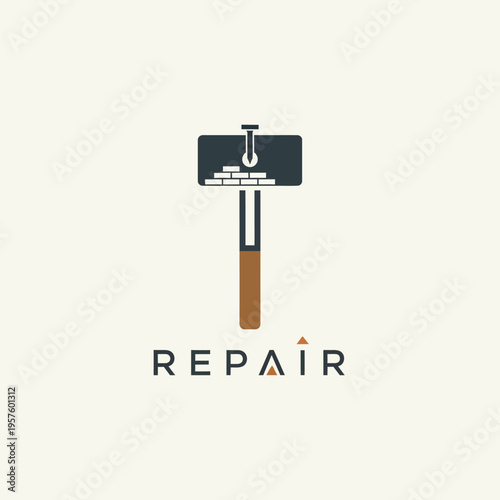 Modern house renovation logo with wrench and hammer tools, isolated white background.