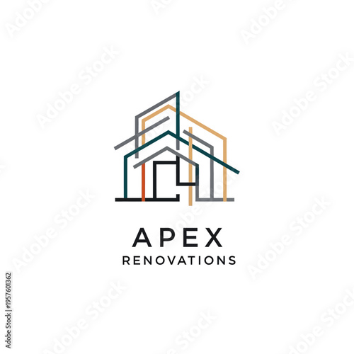 Modern house renovation logo with wrench and hammer tools, isolated white background.