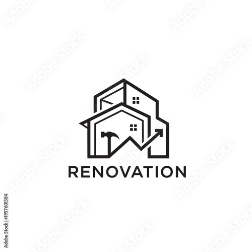 Modern house renovation logo with wrench and hammer tools, isolated white background.