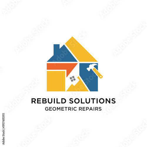 Modern house renovation logo with wrench and hammer tools, isolated white background.