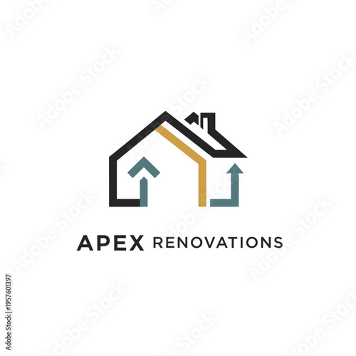 Modern house renovation logo with wrench and hammer tools, isolated white background.