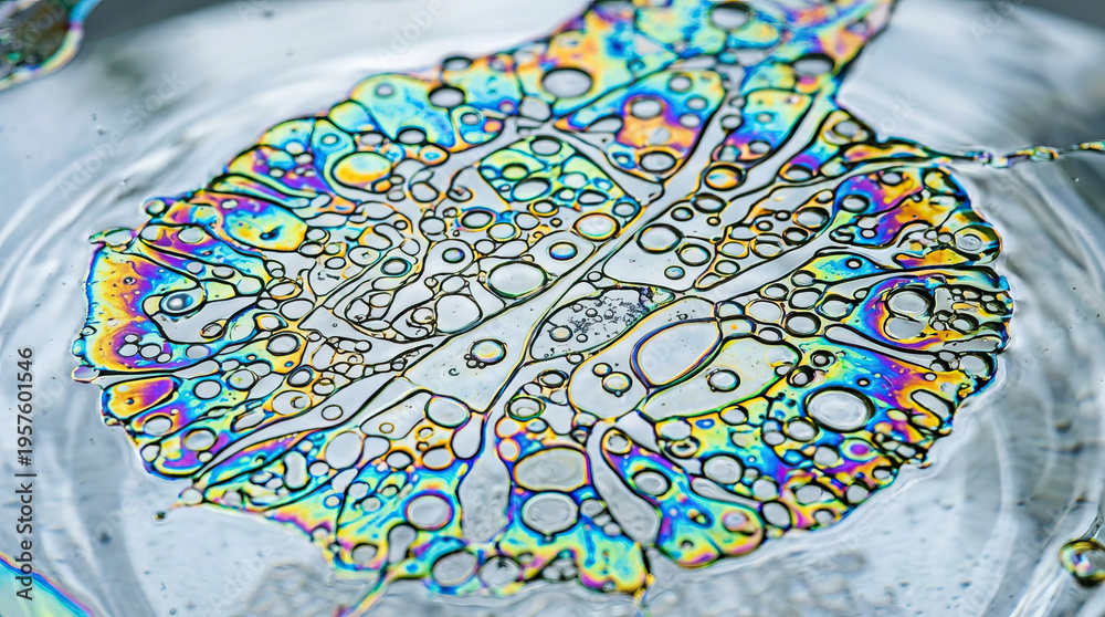 Fototapeta premium Oil film on water surface creates colorful patterns reflecting light in delicate display that reminds petroleum crisis impact on energy resources worldwide