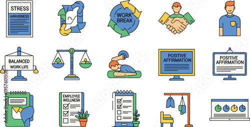 Employee wellness and mental health at work icons set, flat vector illustrations of work life balance, stress management, positive affirmation and workplace wellness isolated on white