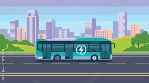 Electric bus on city road with urban skyline background vector illustration