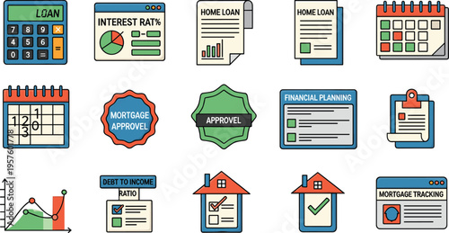 Mortgage loan and home finance icons set, flat vector illustrations of home loan approval, interest rate calculator, debt to income ratio and mortgage tracking isolated on white