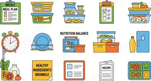 Healthy meal prep and nutrition planning icons set, flat vector illustrations of weekly meal plan, grocery list, food containers, balanced diet and recipe book isolated on white