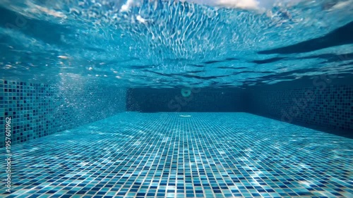 Underwater view of a sparkling clean swimming pool with tiled walls and floor