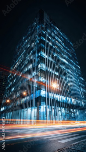 Futuristic Nighttime Cityscape with Illuminated Skyscraper and Dynamic Light Trails Captured in Urban Environment