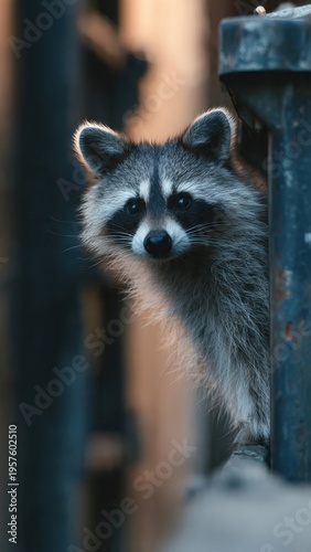 Curious Raccoon Peeking Out in Urban Alley with Soft Lighting at Dusk, Captivating Wildlife Photography Moment