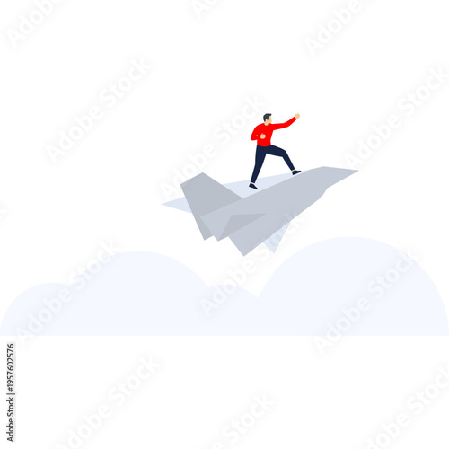 a businessman standing in a paperplane with the sky background. paperplane can be modified into various object suvh as money, form, contract, etc