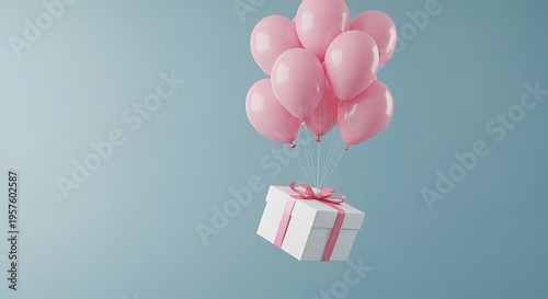 Floating white gift box with pink ribbon and pale pink balloons against a soft blue background