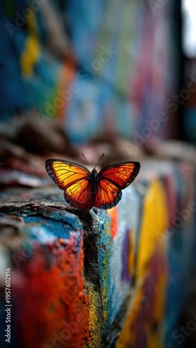 Vibrant Butterfly in Urban Graffiti Setting: Capturing Nature's Contrast on Colorful Walls and Textures