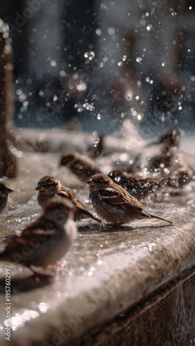 Vibrant Sparrows Splishing and Splashing in an Urban Fountain on a Sunlit Day Captured in Dynamic Detail