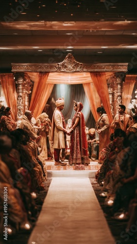 Traditional Indian Wedding Ceremony with Bride and Groom in Elegant Attire Under Ornate Decor at Indoor Venue