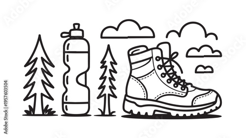 Hiking boot and water bottle in minimalist line art with trees and clouds in black and white for outdoor adventure