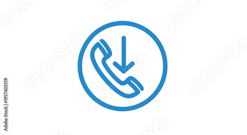 A simple blue icon depicting a telephone handset with a downward pointing arrow high quality professional