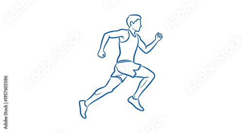 A blue line drawing depicts a male athlete in mid stride actively running forward high quality professional