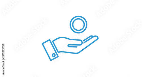 A blue line drawing depicts a hand receiving a falling circular object like a coin