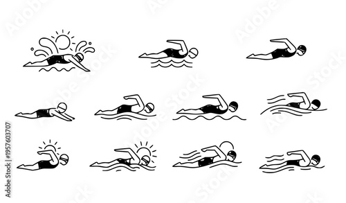 Line vector athletic swim icons with sun and waves isolated on white for fitness and swimming