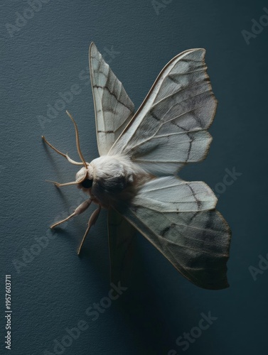 Close-up photograph of a moth on a dark blue background. the moth is facing towards the right side of the image, with its wings spread out in a fan-like shape.