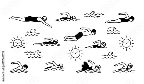 Line vector athletic swim icons with sun and waves isolated on white for sports and aquatic designs