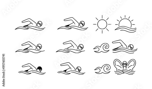 Athletic swim vector icon set with sun and waves isolated on white for sports, swimming, and fitness