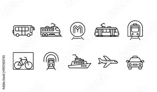 Minimal public transport line vector icon set isolated on white bus, train, tram, metro, bicycle, ferry, airplane, taxi