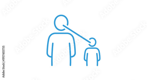Simple blue line art depicts an adult and a child connected by a thought bubble